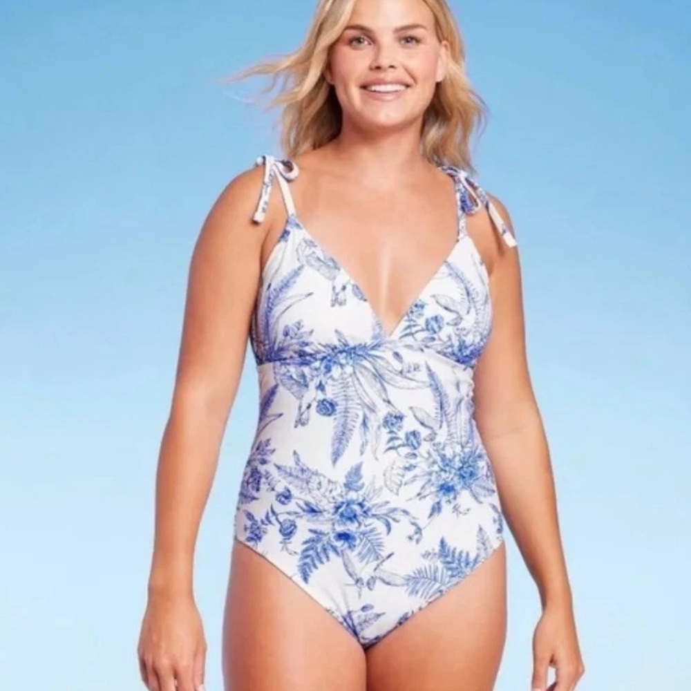 Kona Sol Blue and White Floral One Piece Swimsuit